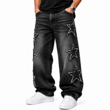 Calça Jeans Masculina Baggy Preta com Estrelas Streetwear
