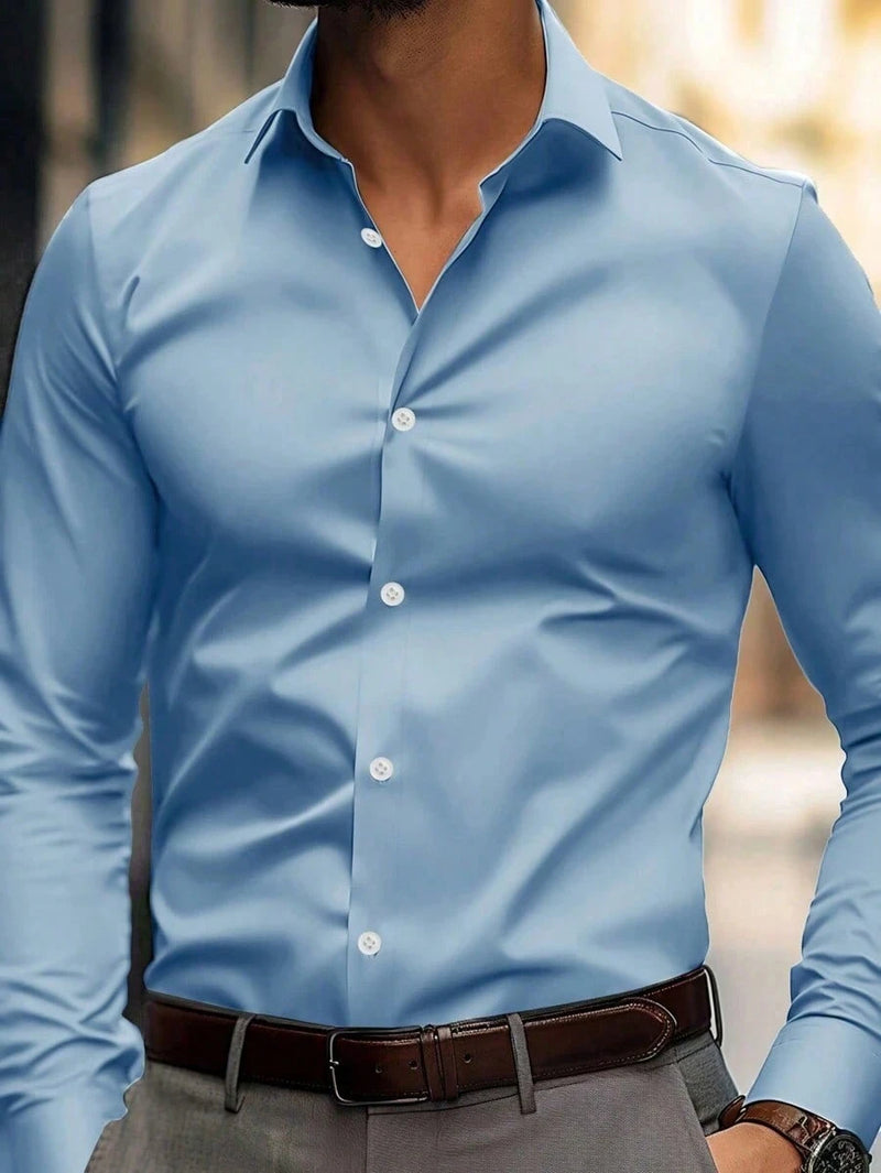 Camisa Masculina Manga Longa Lisa Slim Fit Casual Negócios Primavera Verão