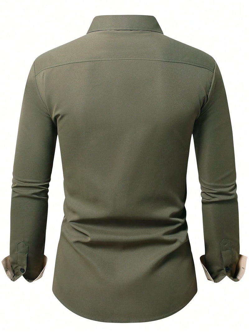 Camisa Social Masculina Manga Longa Algodão Ajuste Regular Preto Verde Cáqui