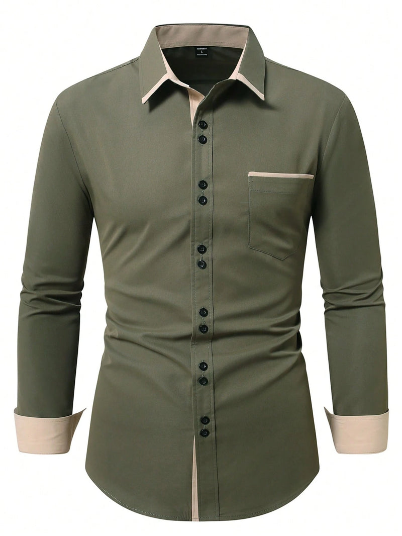 Camisa Social Masculina Manga Longa Algodão Ajuste Regular Preto Verde Cáqui