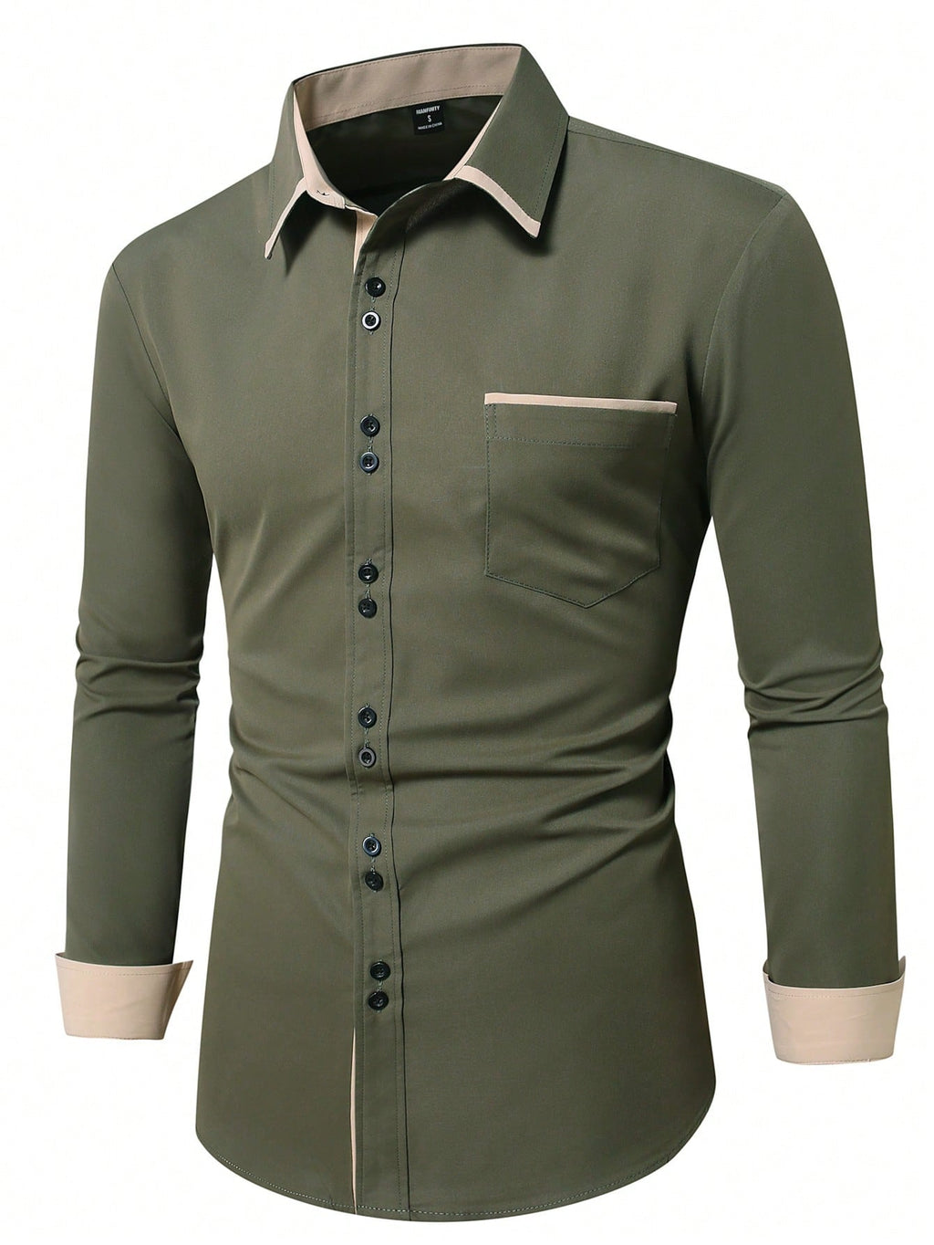 Camisa Social Masculina Manga Longa Algodão Ajuste Regular Preto Verde Cáqui