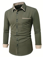 Camisa Social Masculina Manga Longa Algodão Ajuste Regular Preto Verde Cáqui