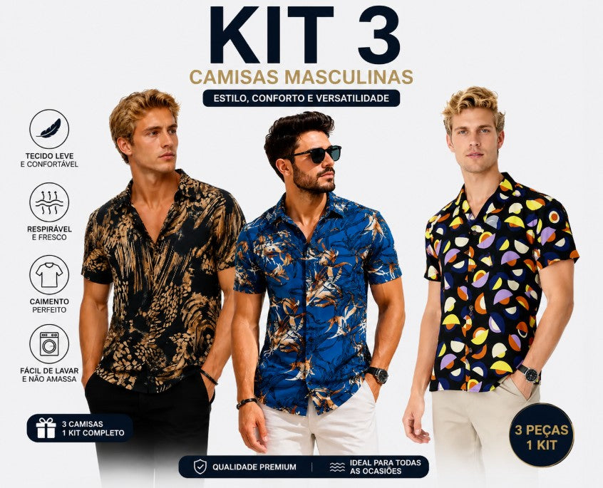 Kit 3 Camisas Masculinas Manga Curta Estampadas Casual Premium By For Man