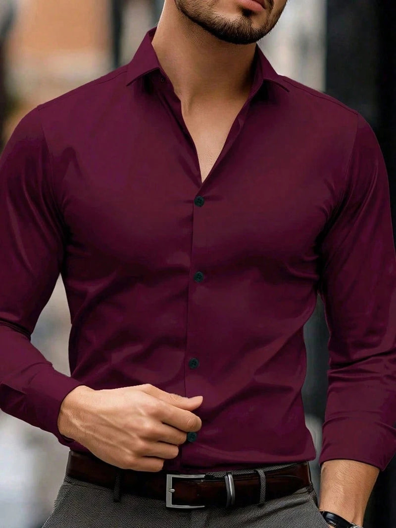 Camisa Masculina Manga Longa Lisa Slim Fit Casual Negócios Primavera Verão