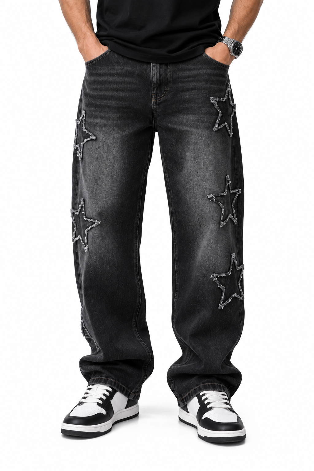 Calça Jeans Masculina Loose Fit Bordada Streetwear