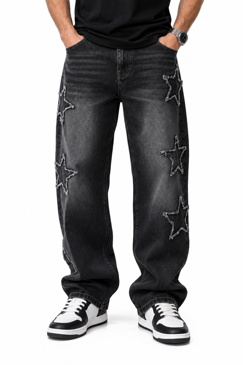 Calça Jeans Masculina Loose Fit Bordada Streetwear