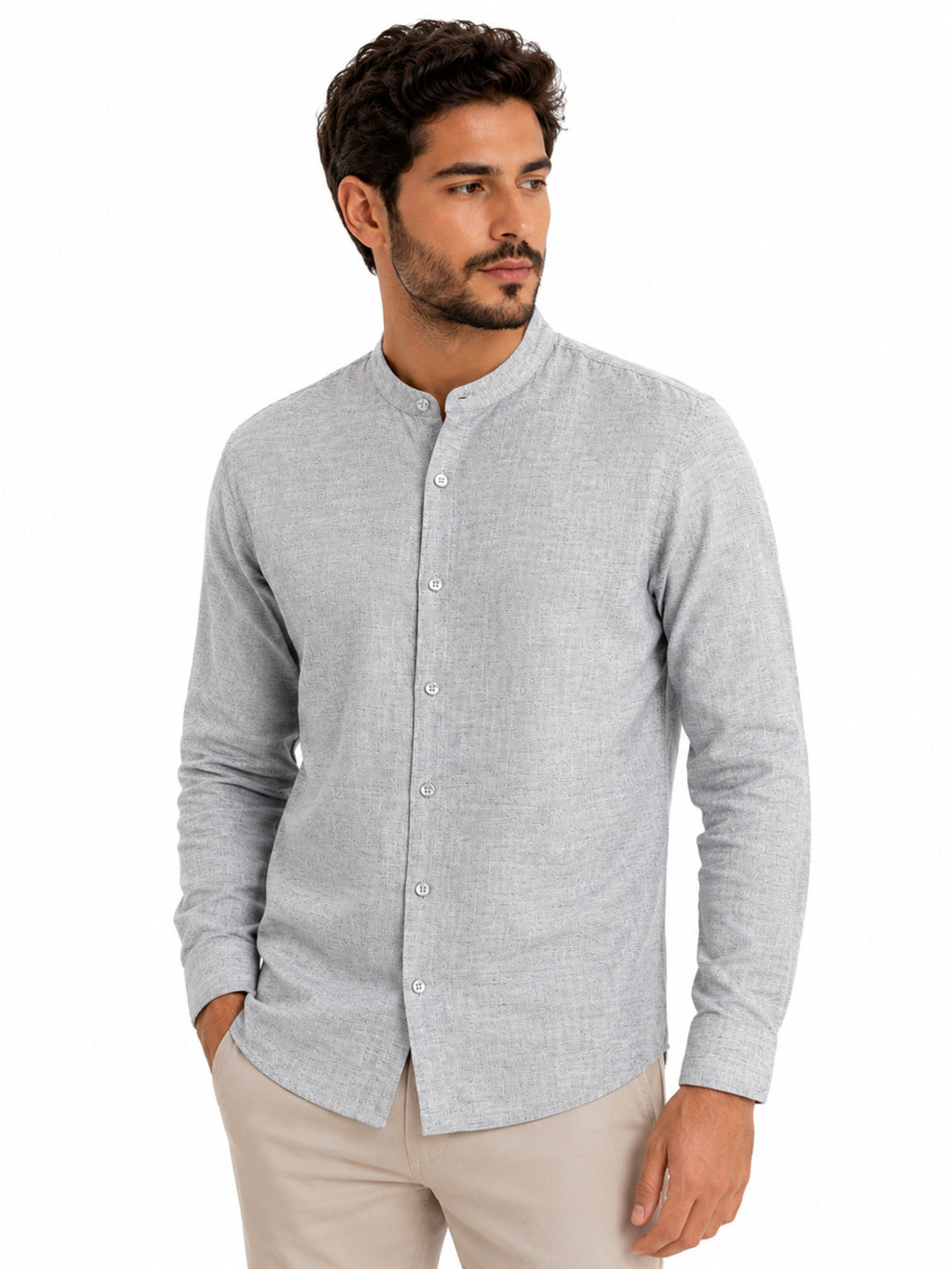 Camisa Masculina Gola Padre Manga Longa 100% Algodão Casual Elegante