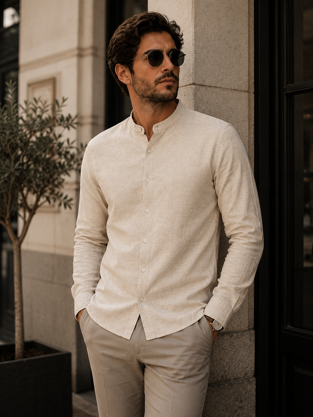 Camisa Masculina Gola Padre Manga Longa 100% Algodão Casual Elegante