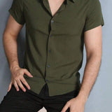 Camisa Masculina Lisa Manga Curta Botão em Viscose