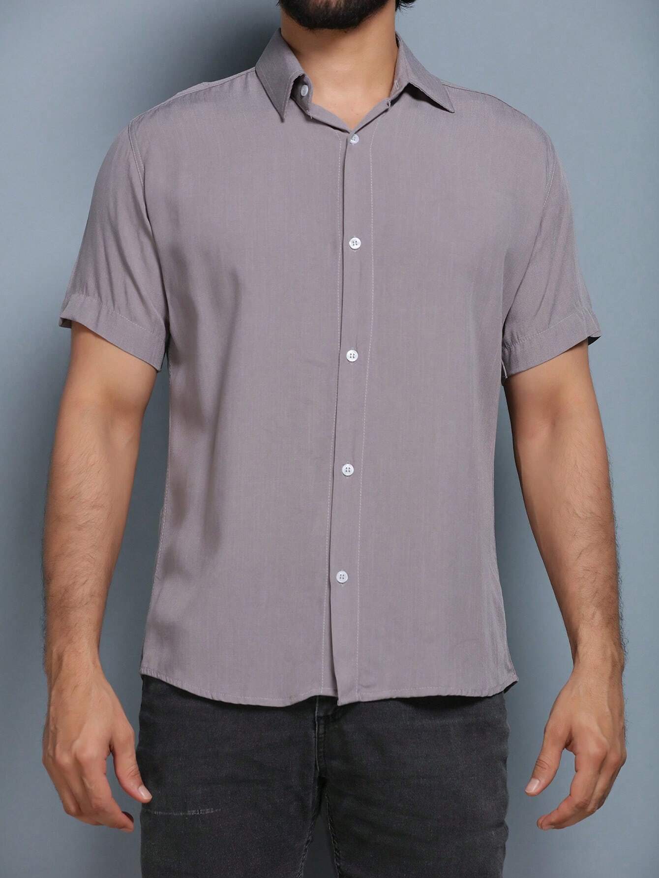 Camisa Masculina Lisa Manga Curta Botão em Viscose