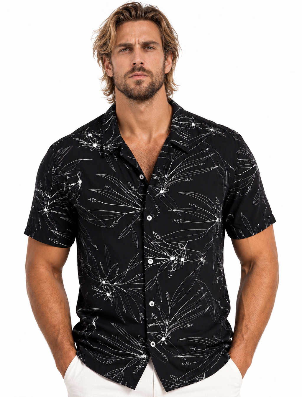 Camisa Masculina Manga Curta Estampada Preta Casual Premium