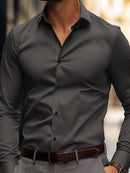 Camisa Masculina Manga Longa Lisa Slim Fit Casual Business Primavera Verão, Camisa Social Masculina Manga Comprida Ajuste Regular, Camisa Masculina Cor Sólida Azul Marinho Botão Frente, Estilo Casual Executivo Trabalho Moda Masculina, Gola de Camisa Manga Regular Botões Na Frente, Ideal Para Escritório Casual Chic