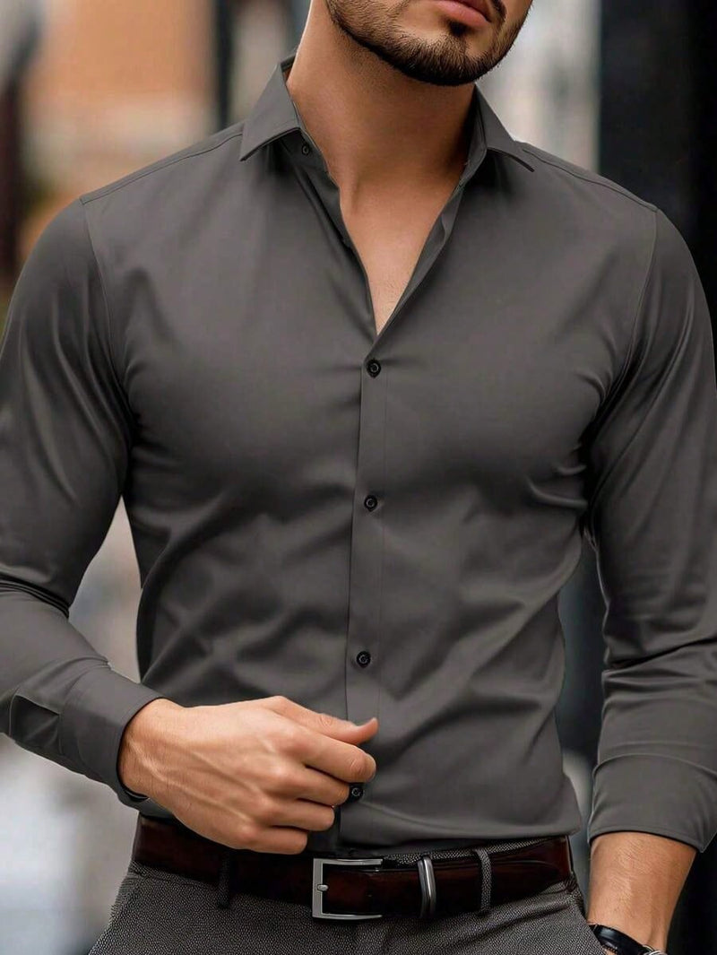 Camisa Masculina Manga Longa Lisa Slim Fit Casual Business Primavera Verão, Camisa Social Masculina Manga Comprida Ajuste Regular, Camisa Masculina Cor Sólida Azul Marinho Botão Frente, Estilo Casual Executivo Trabalho Moda Masculina, Gola de Camisa Manga Regular Botões Na Frente, Ideal Para Escritório Casual Chic
