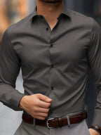 Camisa Masculina Manga Longa Lisa Slim Fit Casual Business Primavera Verão, Camisa Social Masculina Manga Comprida Ajuste Regular, Camisa Masculina Cor Sólida Azul Marinho Botão Frente, Estilo Casual Executivo Trabalho Moda Masculina, Gola de Camisa Manga Regular Botões Na Frente, Ideal Para Escritório Casual Chic