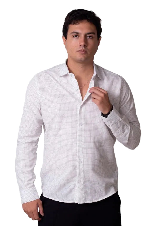 Camisa Masculina Manga Longa Xadrez Risca de Giz