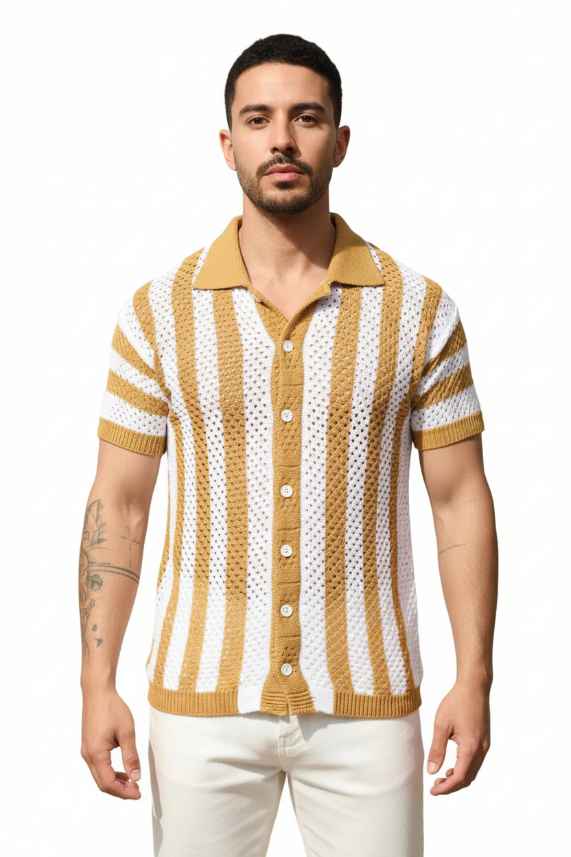 Camisa Masculina Tricotada Listrada Manga Curta Casual Premium Confortável Respirável Verão