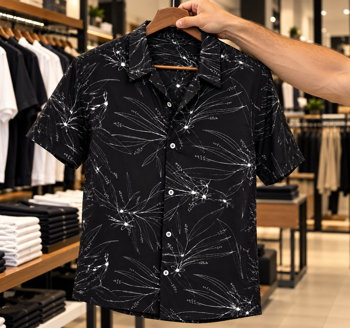 Camisa Masculina Manga Curta Estampada Preta Casual Premium