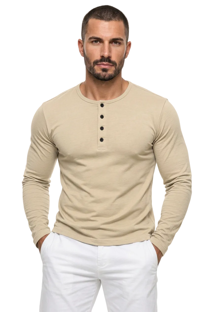 Camiseta Masculina Manga Longa Gola Padre Henley Slim Fit