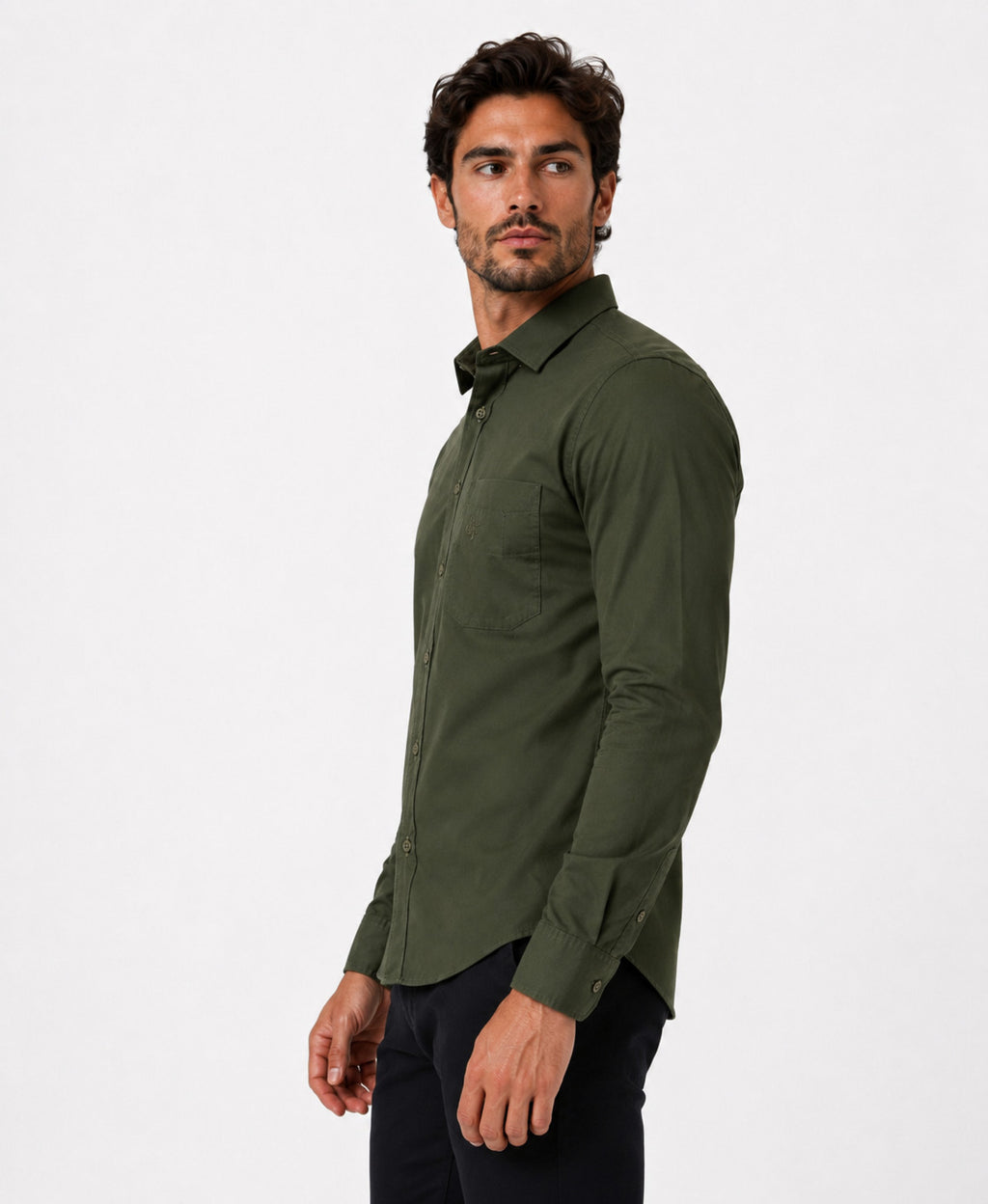 Camisa Social Masculina Verde Militar Slim Fit Premium Manga Longa Com Bolso