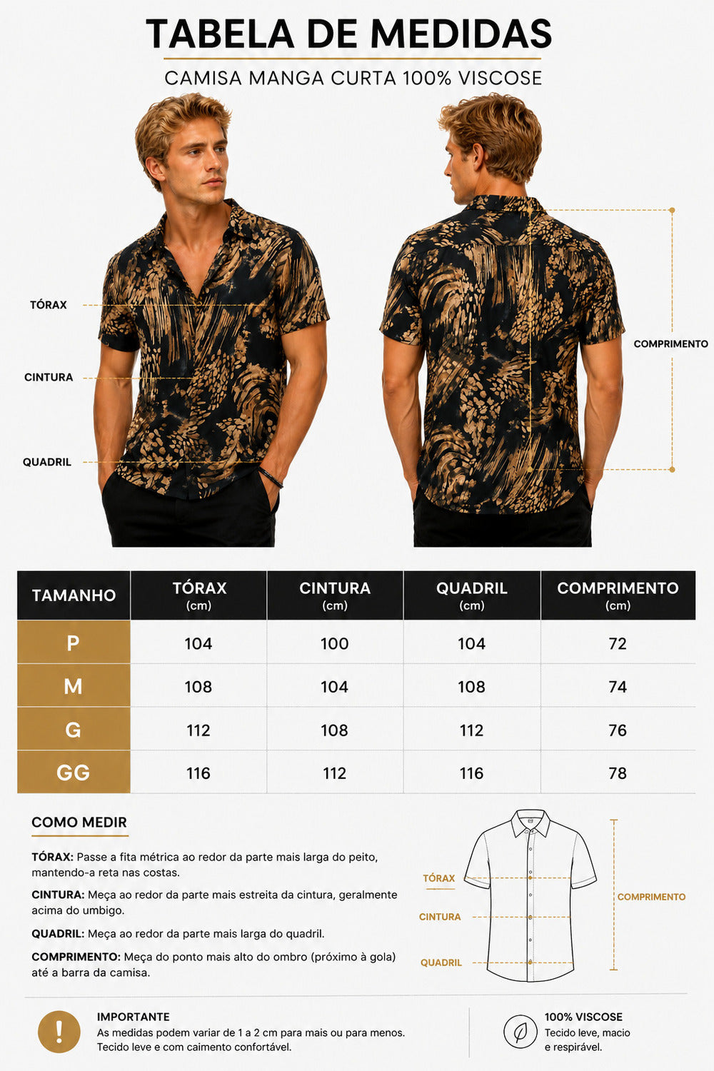 Camisa Masculina Manga Curta 100% Viscose