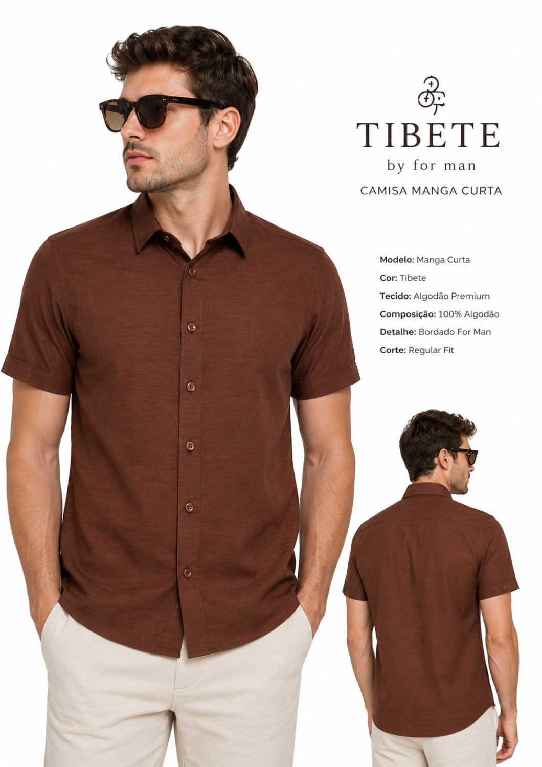 Camisa Masculina Manga Curta Tibete Linho