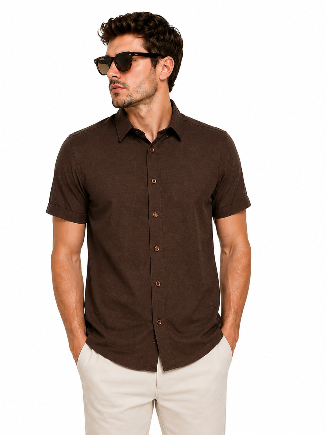 Camisa Masculina Manga Curta Tibete Linho