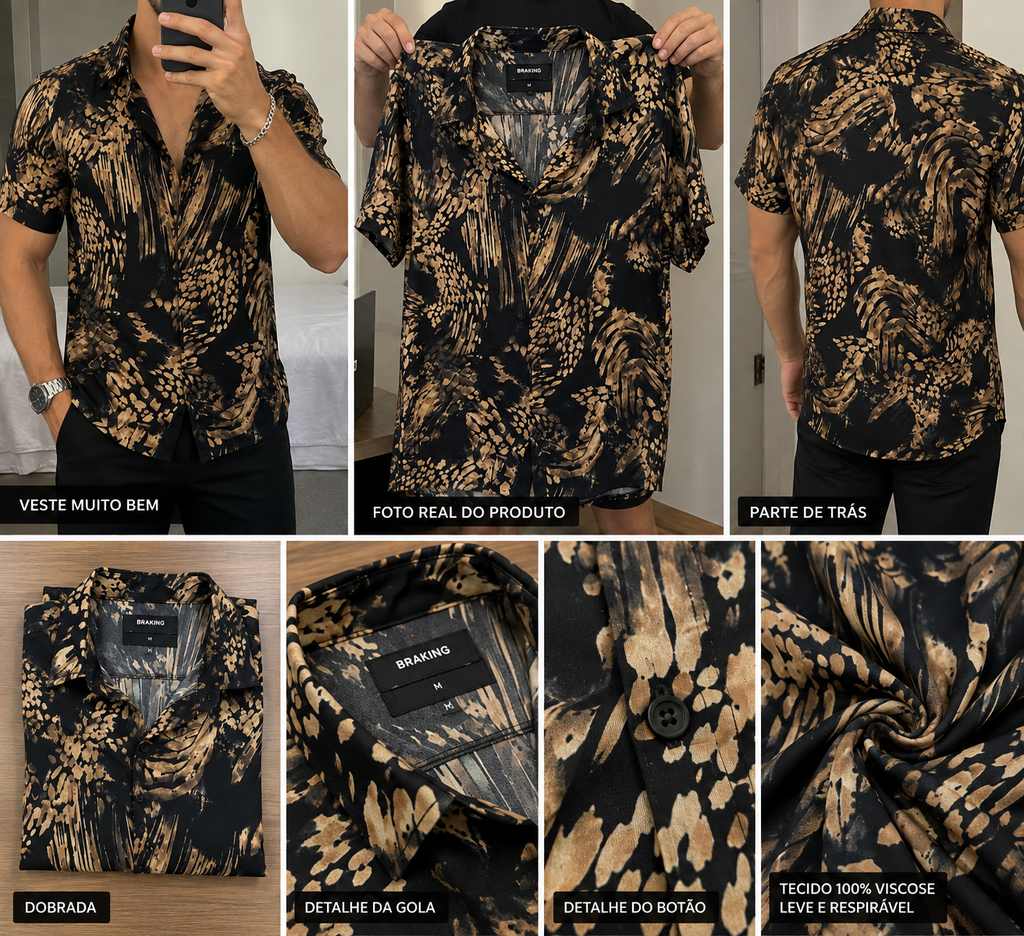 Camisa Masculina Manga Curta 100% Viscose Estampada