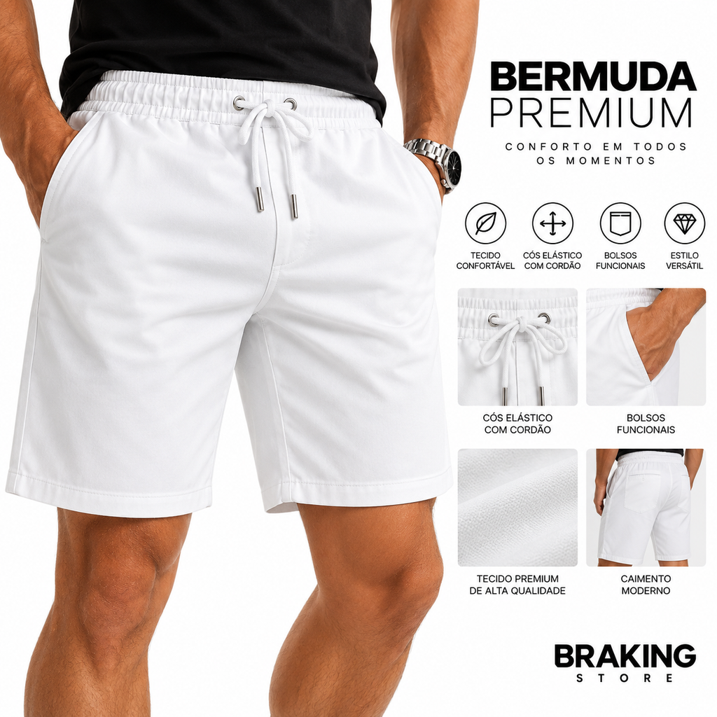 Bermuda Masculina Branca Premium com Elástico e Cordão