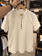 Camisa Masculina Manga Curta Algodão e Linho Casual