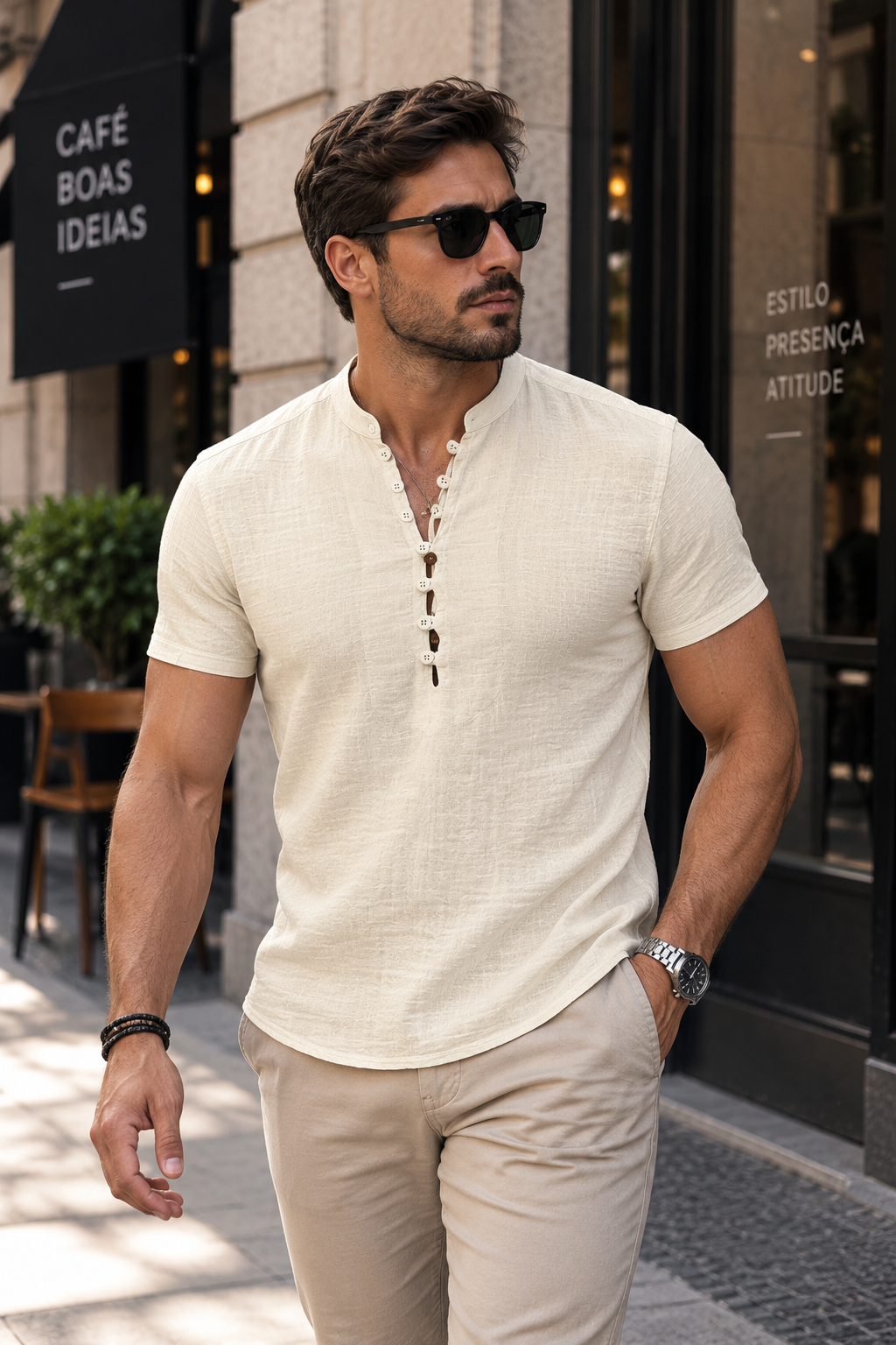 Camisa Masculina Manga Curta Algodão e Linho Casual