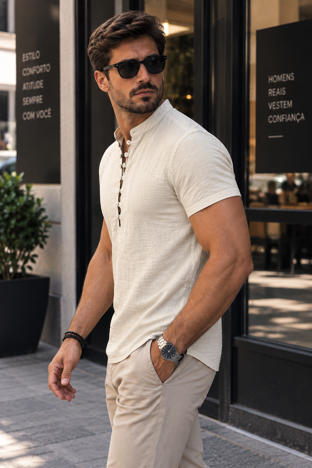 Camisa Masculina Manga Curta Algodão e Linho Casual
