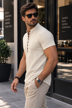 Camisa Masculina Manga Curta Algodão e Linho Casual
