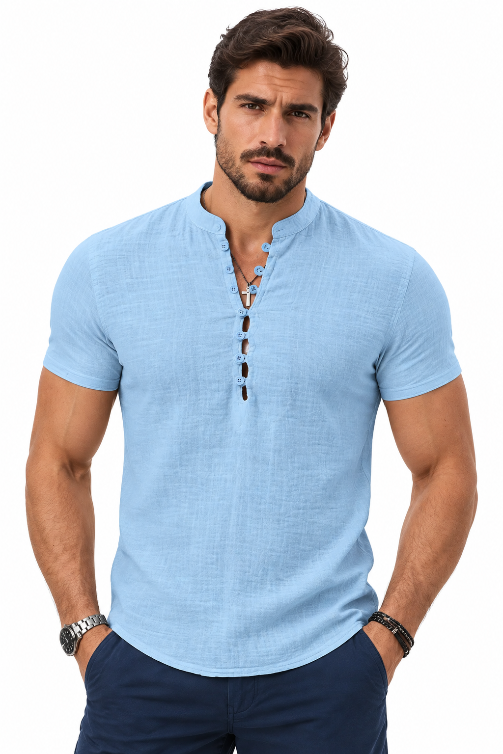 Camisa Masculina Manga Curta Algodão e Linho Casual