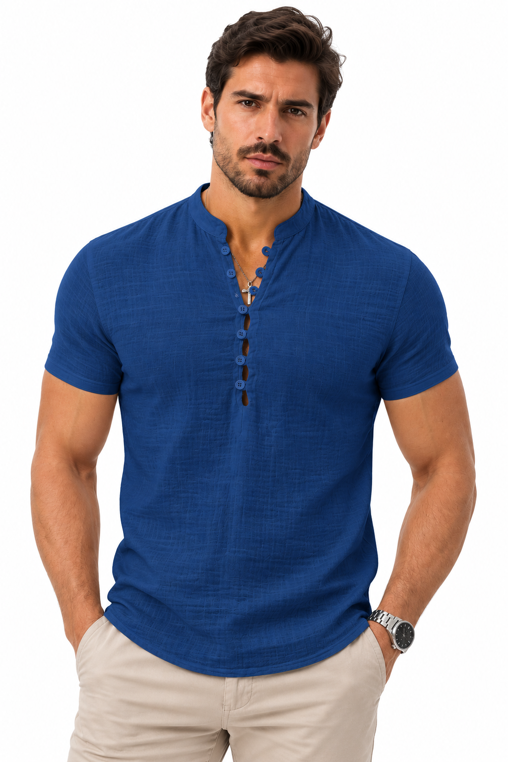 Camisa Masculina Manga Curta Algodão e Linho Casual