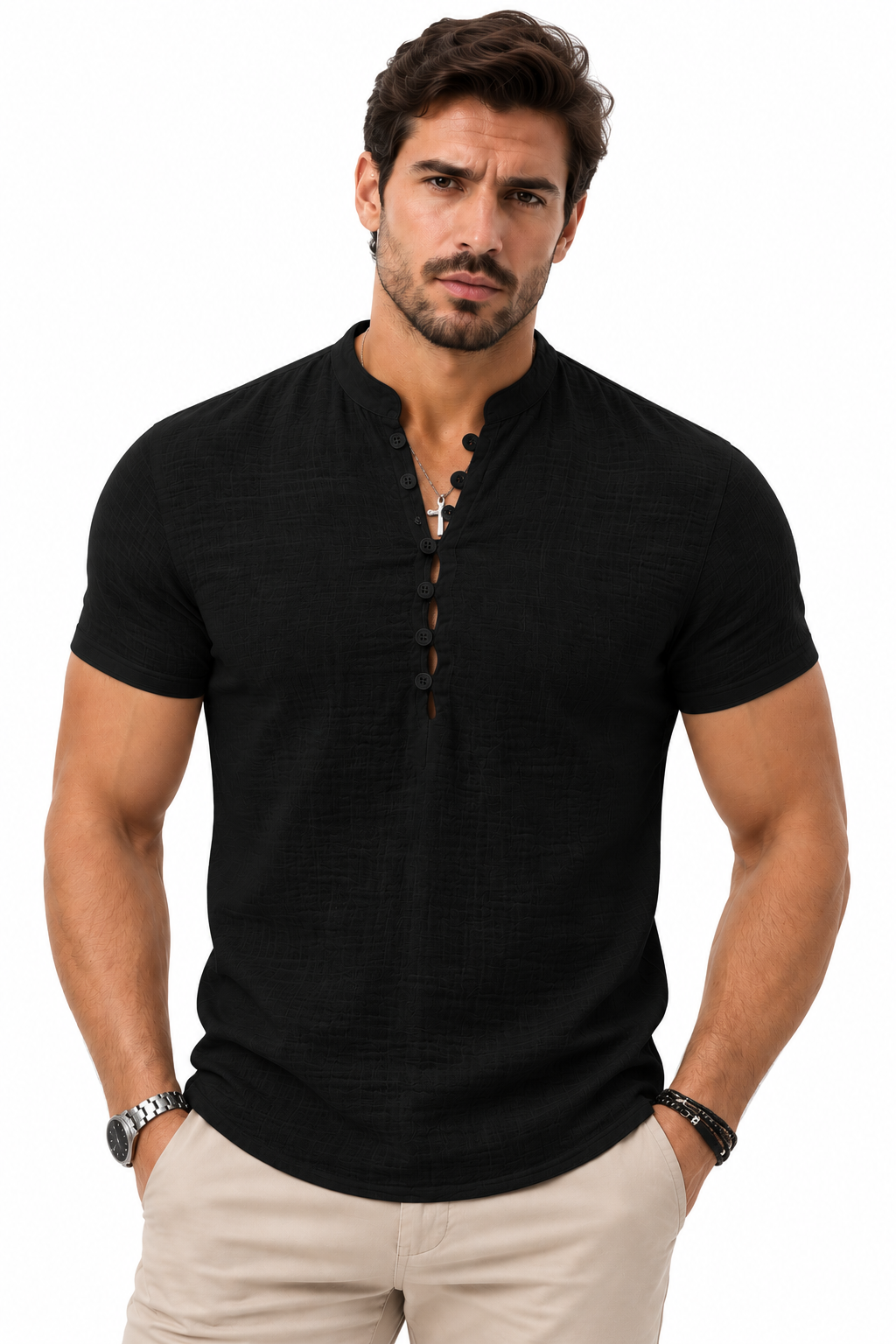 Camisa Masculina Manga Curta Algodão e Linho Casual