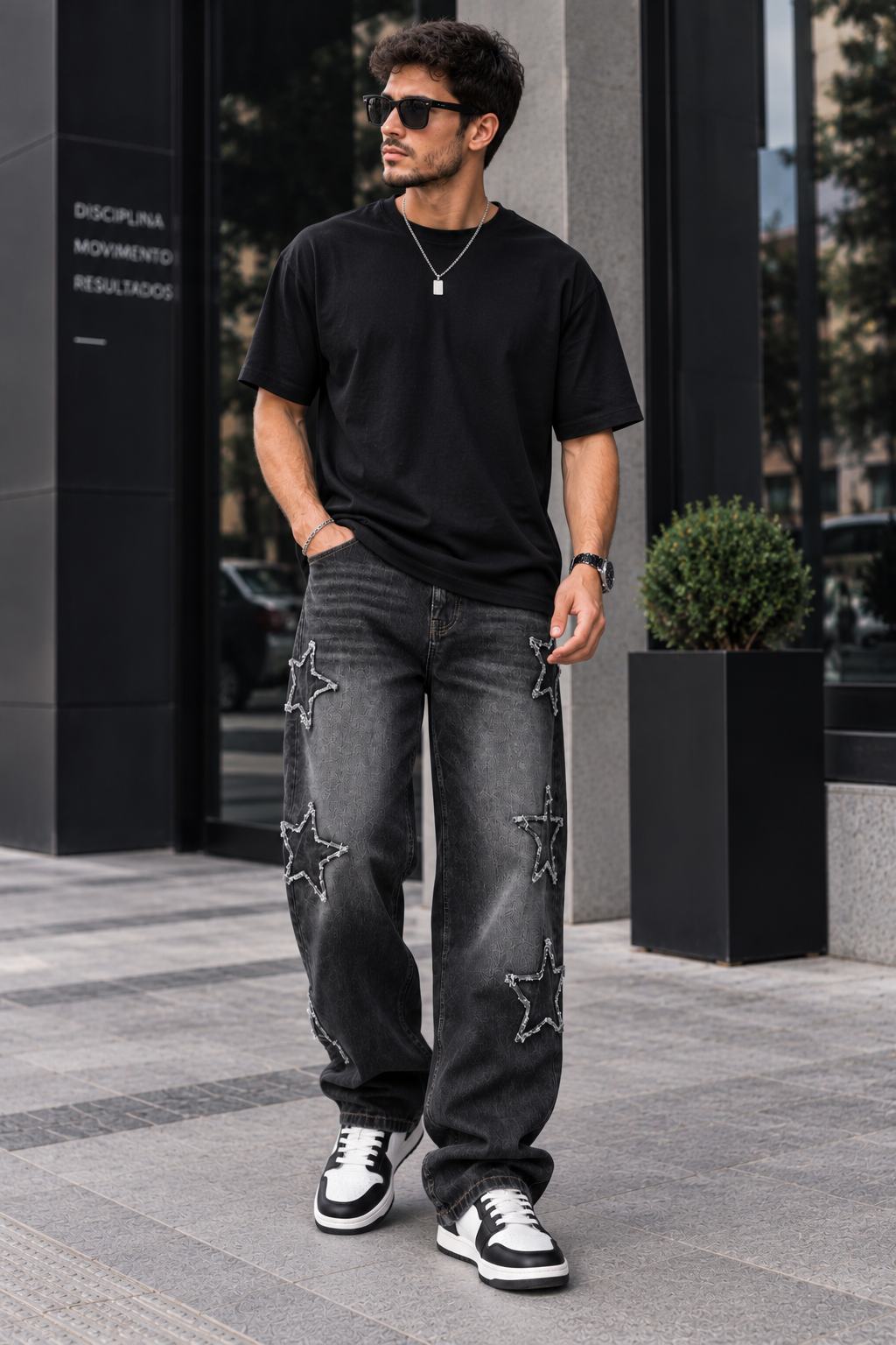 Calça Jeans Masculina Loose Fit Bordada Streetwear