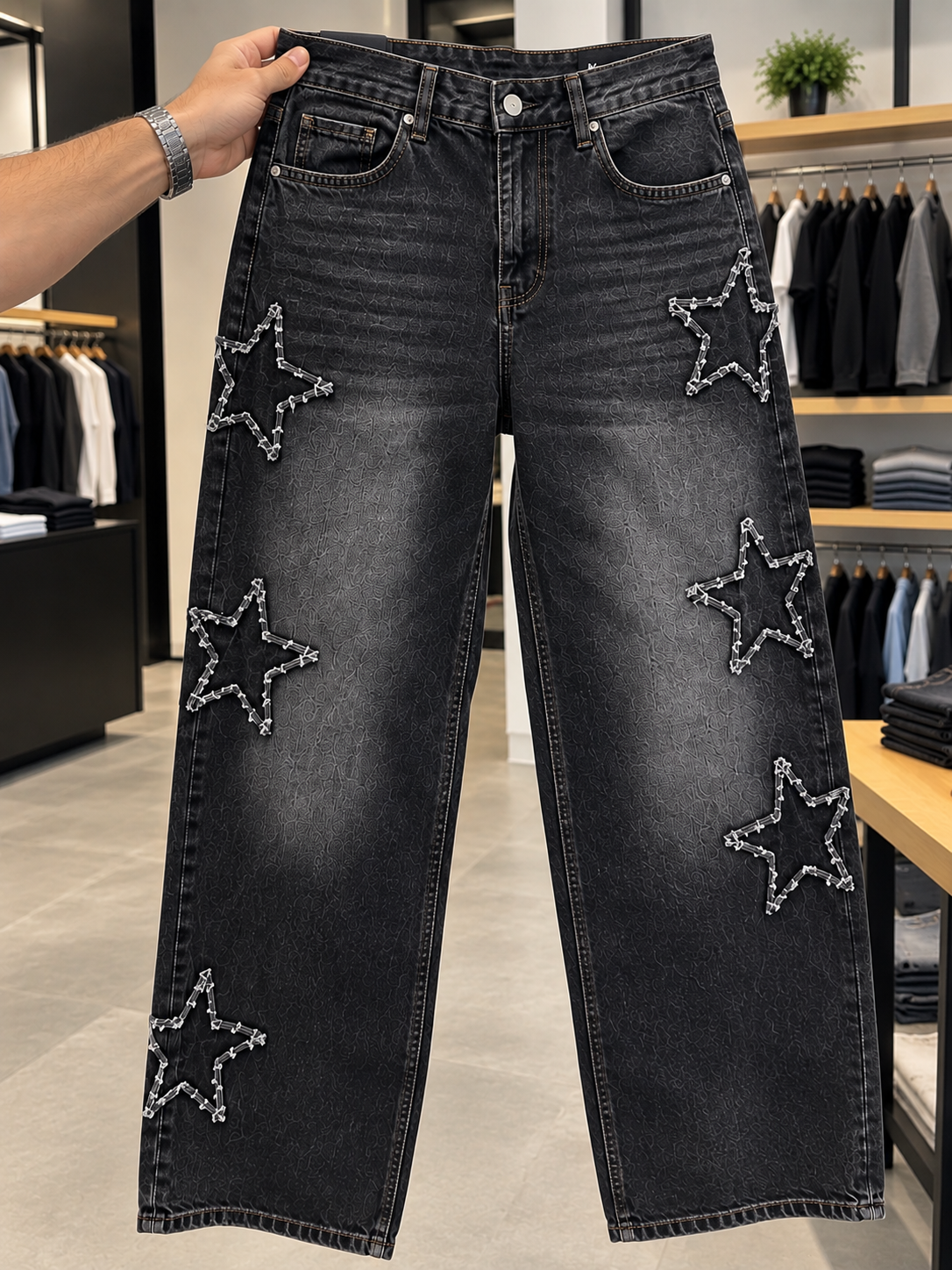 Calça Jeans Masculina Loose Fit Bordada Streetwear