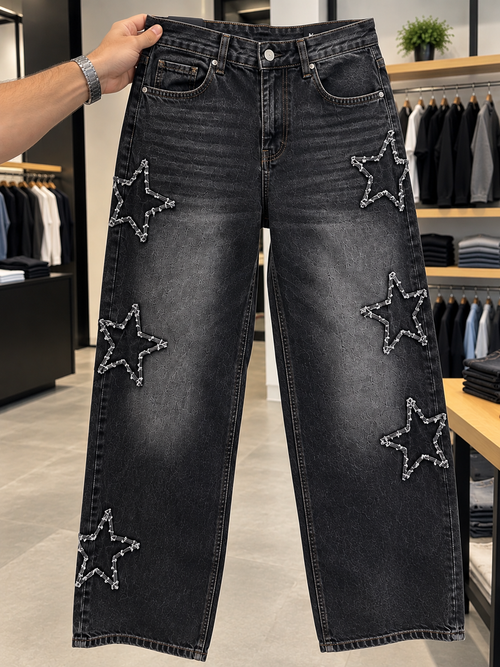Calça Jeans Masculina Loose Fit Bordada Streetwear