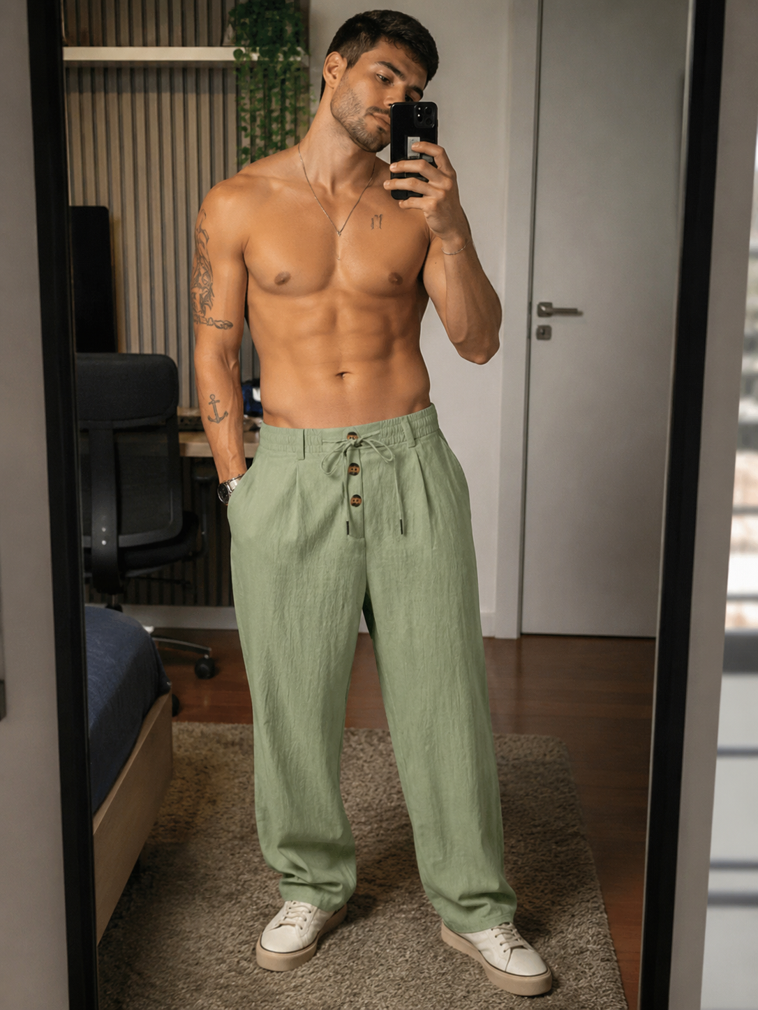 Calça Masculina Casual em Algodão Linho