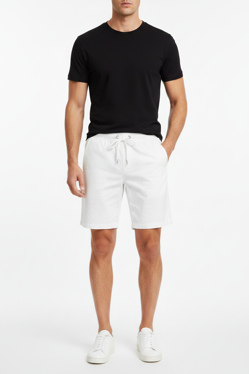 Compre a Bermuda Masculina Branca Casual Premium. Tecido leve, cós elástico com cordão ajustável, bolsos laterais e caimento moderno. Ideal para verão, passeios, praia e dia a dia. Entrega rápida.