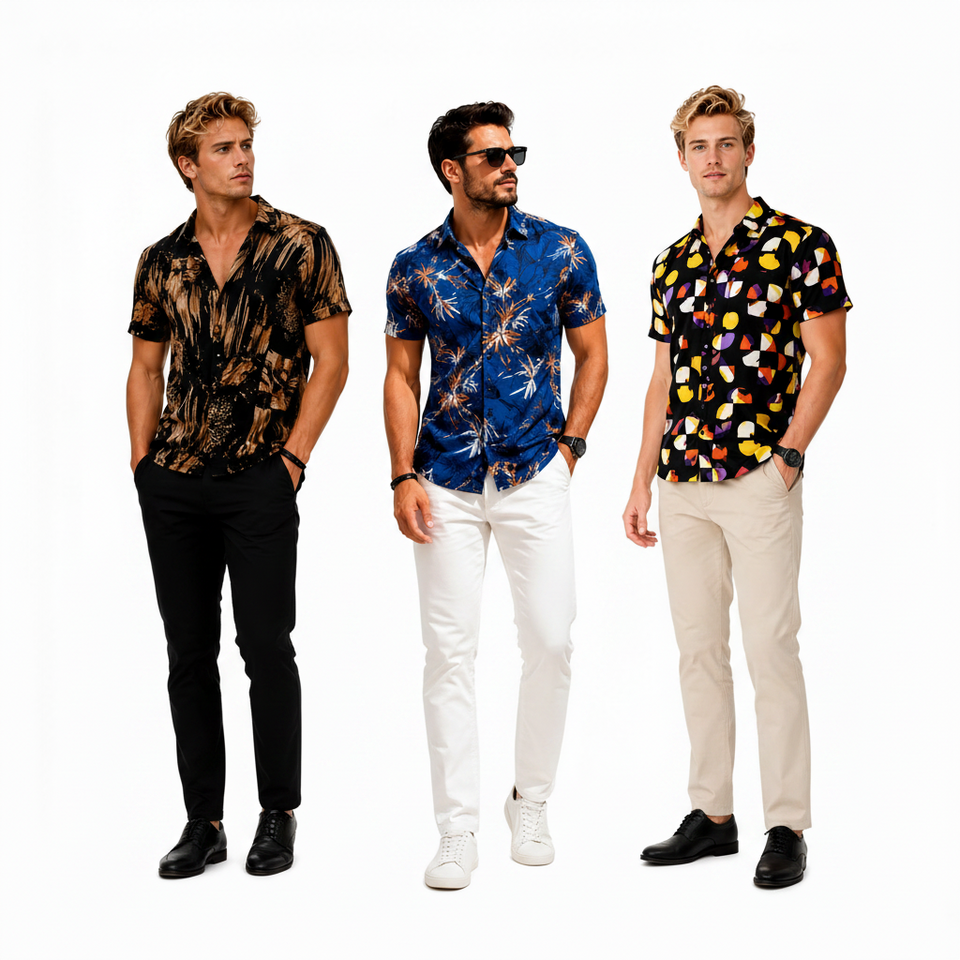 Compre o Kit 3 Camisas Masculinas Manga Curta Estampadas By For Man. Tecido leve, confortável, respirável, modelagem moderna e estampas premium para qualquer ocasião.