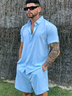 Conjunto Camisa Short Masculino Social Praia Viscose com elastano, ideal para transições entre ambientes sociais e praias.