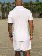 Conjunto Camisa Short Masculino Social Praia Viscose com elastano, ideal para transições entre ambientes sociais e praias.