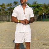 Conjunto Masculino Praia Viscose com Elastano Leve Fresco e Confortável Camisa + Short