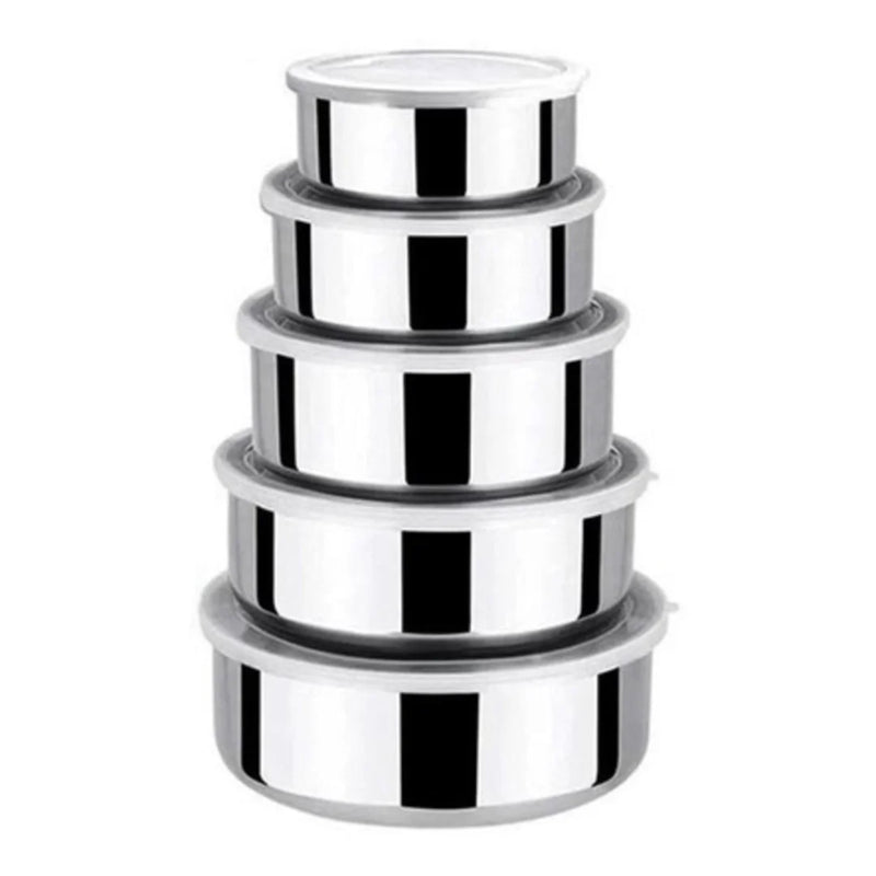 Conjunto com 5 tigelas de aço inox com tampas flexíveis (250 ml–1,5 L): organize, sirva e armazene com praticidade, durabilidade e design moderno.