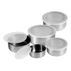 Conjunto com 5 tigelas de aço inox com tampas flexíveis (250 ml–1,5 L): organize, sirva e armazene com praticidade, durabilidade e design moderno.