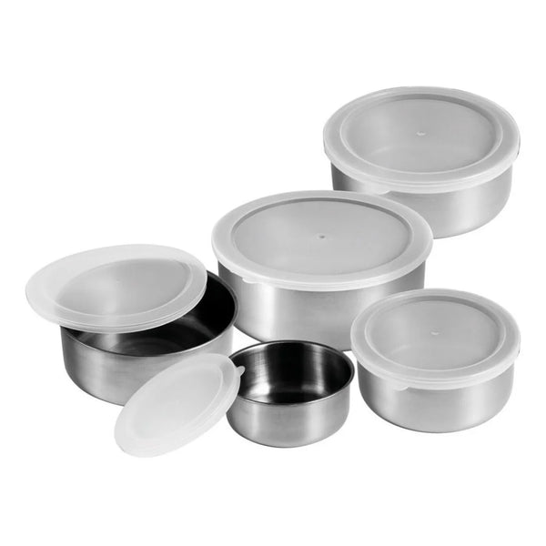 Conjunto com 5 tigelas de aço inox com tampas flexíveis (250 ml–1,5 L): organize, sirva e armazene com praticidade, durabilidade e design moderno.