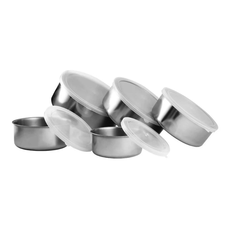 Conjunto com 5 tigelas de aço inox com tampas flexíveis (250 ml–1,5 L): organize, sirva e armazene com praticidade, durabilidade e design moderno.