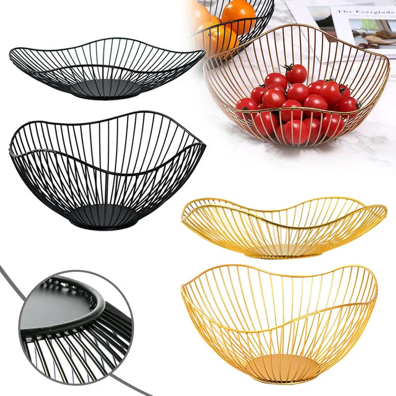 Fruteira de ferro elegante com divisórias, Ideal para organizar frutas, pães e snacks com estilo, Acabamento em preto ou dourado sofisticado, Fácil de limpar e saudável, Design decorativo que valoriza sua mesa, Prática, versátil e acessível