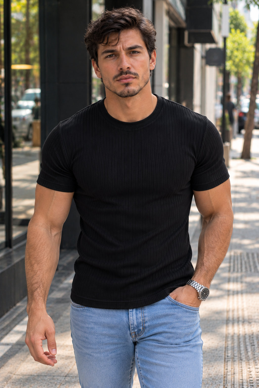 Camiseta Masculina Canelada Slim Fit Manga Curta Premium